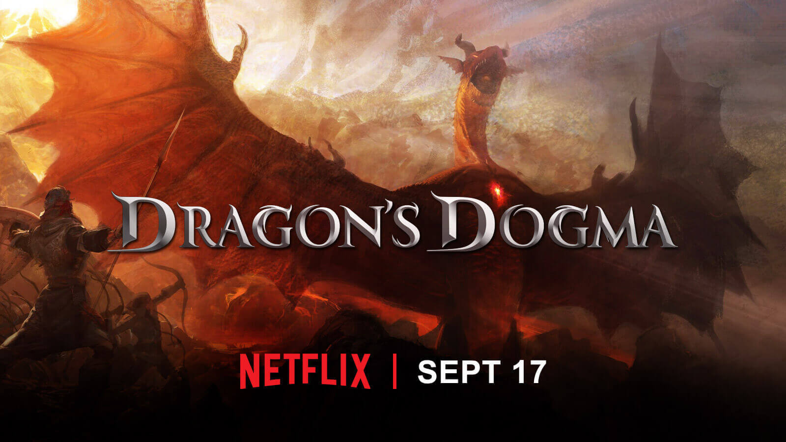 with armored soldiers mounting their attack against it. Text that reads: Dragon's Dogma. Netflix. Sept 17.