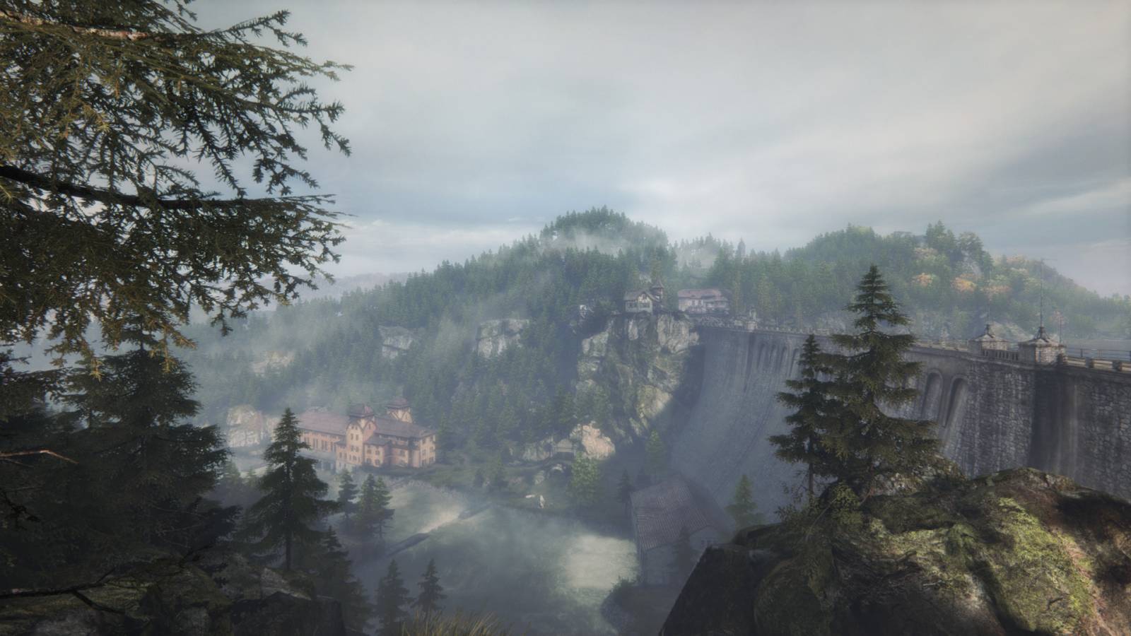 Wide environment shot. There's a dam on the right and on the left looking down an abandoned houses.