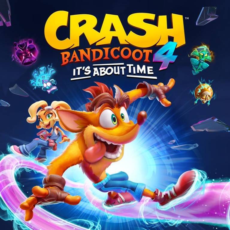 The main characters standing in front of four flying masks and a game name on the top