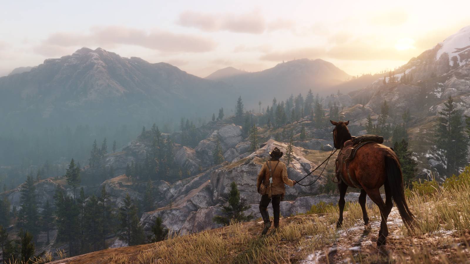 Protagonist is walking his horse away from the camera towards a sunset in the rocky mountains.