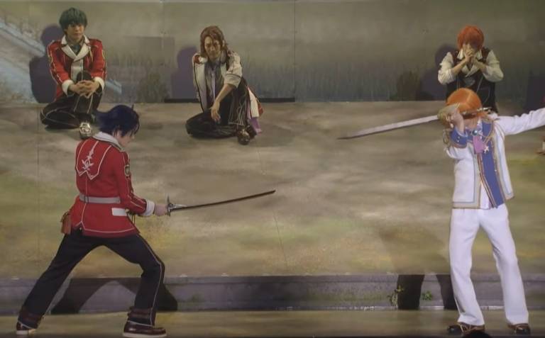 two male students ready to duel in the foreground left and right side