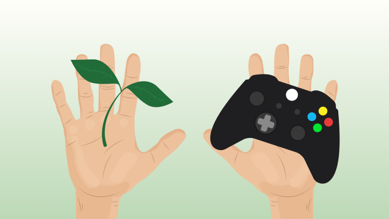 one holding a sapling and other holding a game controller