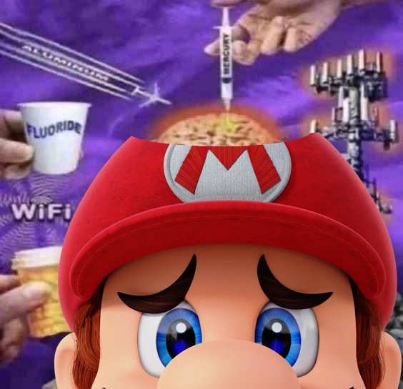 Mario character looking at the screen while his brains are being injected with syringes
