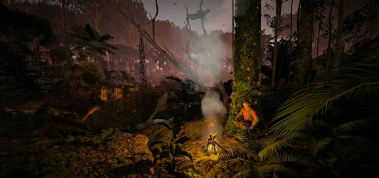 Man kneeling in front of a small fire in a jungle where sun is setting