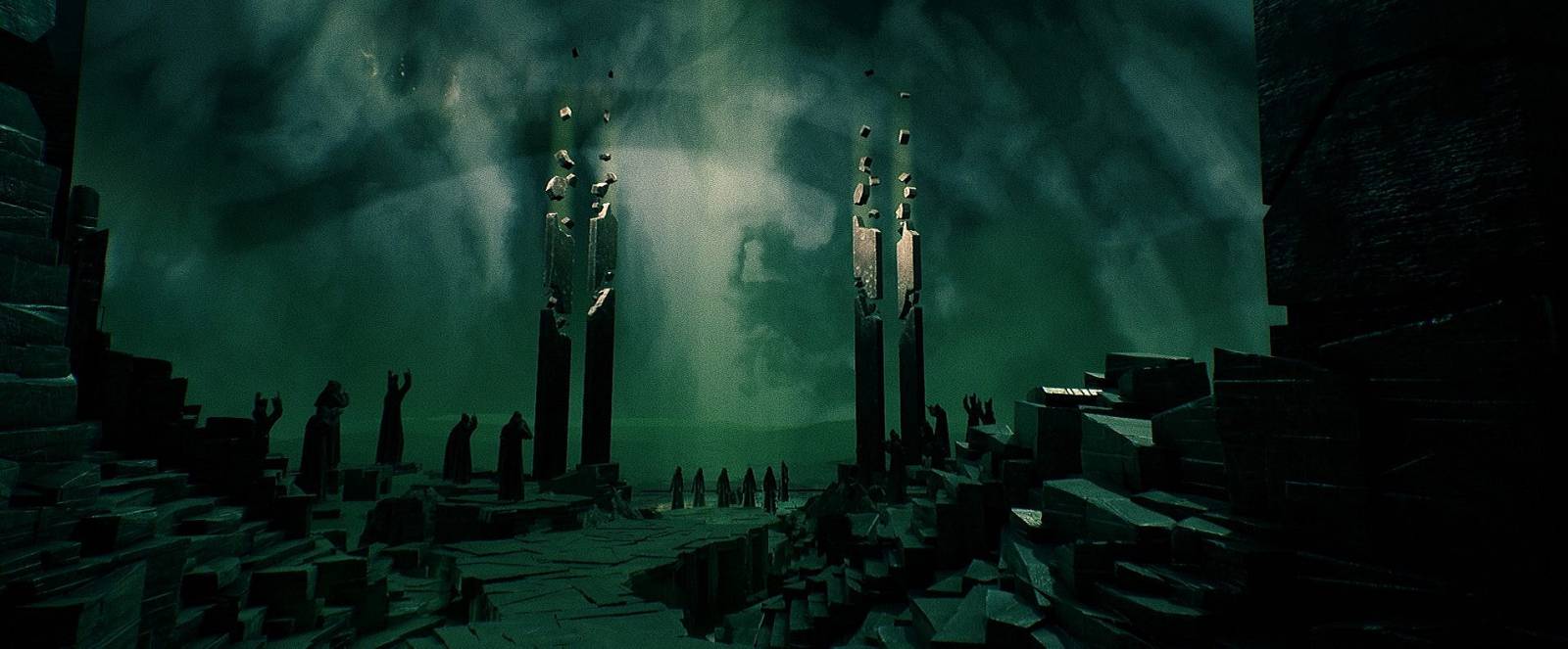 dozen cloaked cultmembers worshipping.