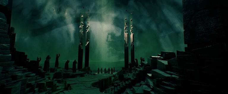 dozen cloaked cultmembers worshipping.