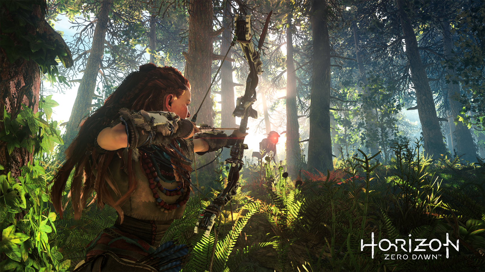 Medium shot looking over protagonist Aloy's shoulder as she points at arrow at a robot enemy.