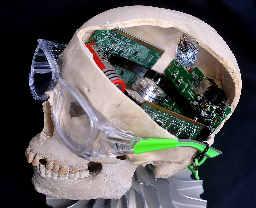A partly opened human skull with glasses on the face and circuitry inside the cranium.