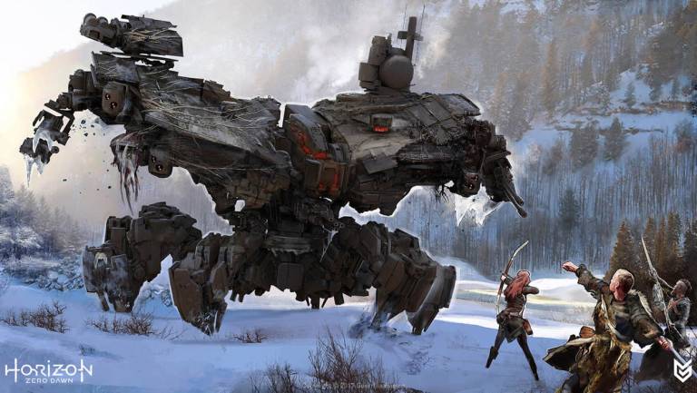Characters aiming their weapons at a robot in Horizon Zero Dawn