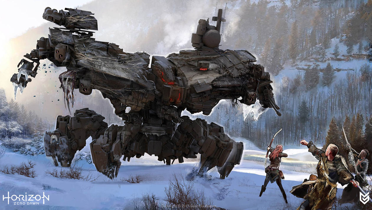 Characters aiming their weapons at a robot in Horizon Zero Dawn
