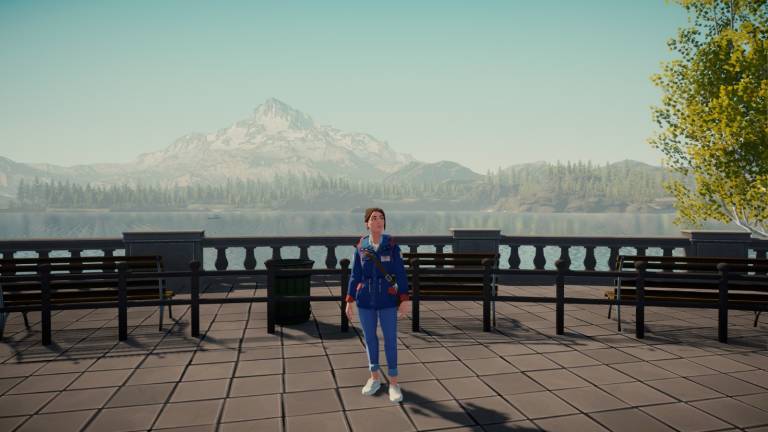 A character standing on a platform facing the camera with a lake and a mountain in the background