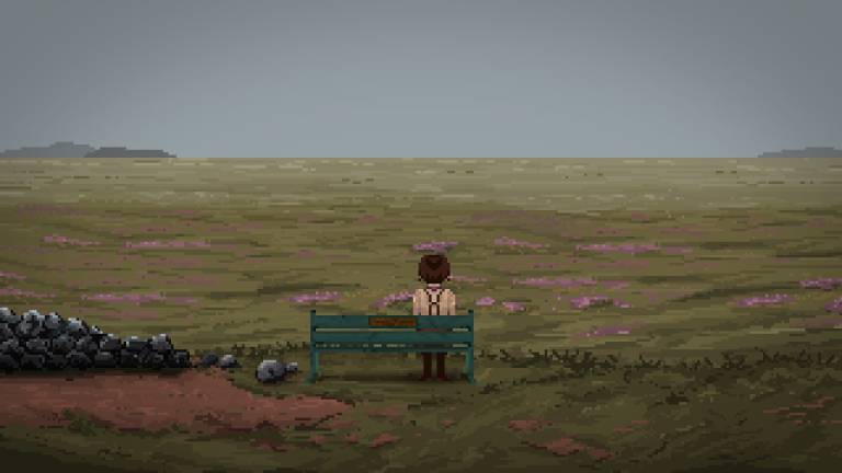 overlooking the moors. Sky is grey. Left from the bench there are ruins of an old stone fence.