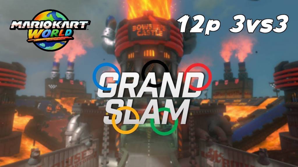 Shows a picture of Mario Kart World with big "Grand Slam" text in the middle with olympic rings around it.