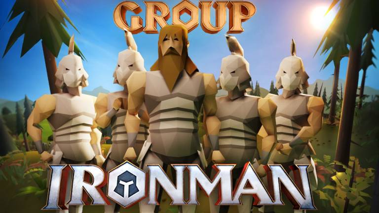 Five characters in matching armor standing in a line. The words say GROUP IRONMAN.