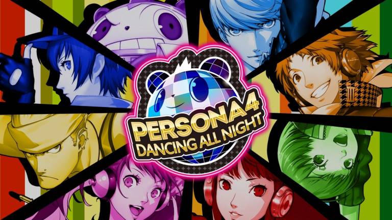 Many human characters and one bear-like character on a multi-color background with the logo of the game in the middle.