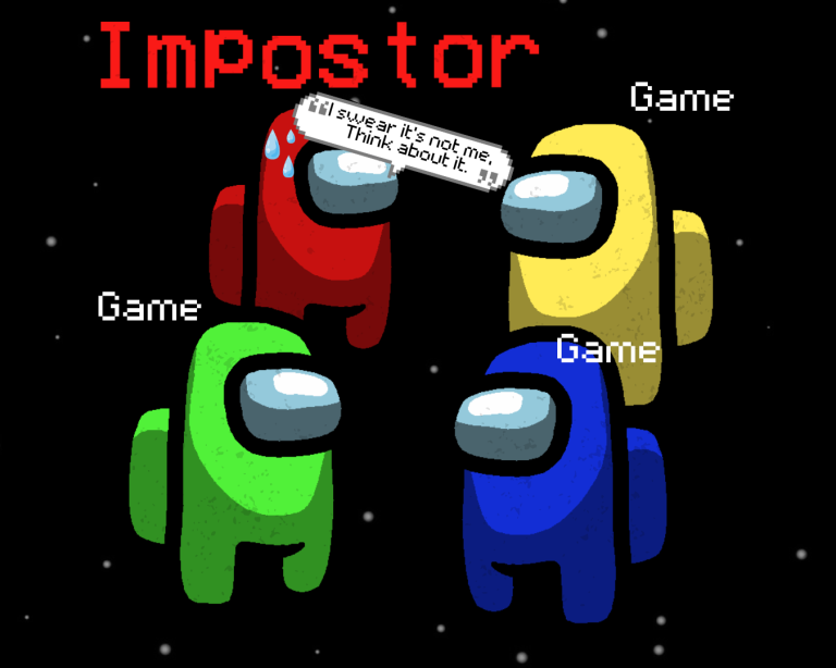 Four characters with impostor on top of one