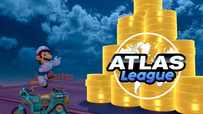 Luigi is jumping from a vehicle pointing to a big pile of golden coins, with "Atlas League" text on top of it.