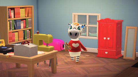Humanized horse-zebra character with red heart sweater standing in the home with various items