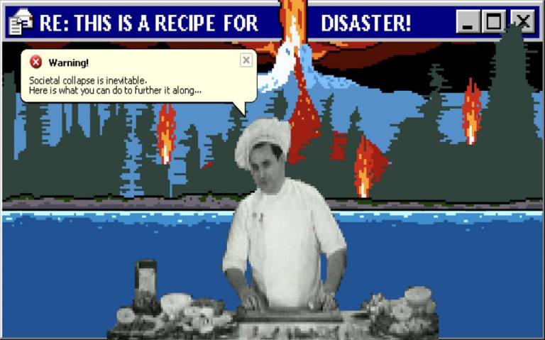 Intro screen of Tetrageddon that contains a windows 95 window name “RE: THIS IS A DISASTER!” with the picture of a chef in it.