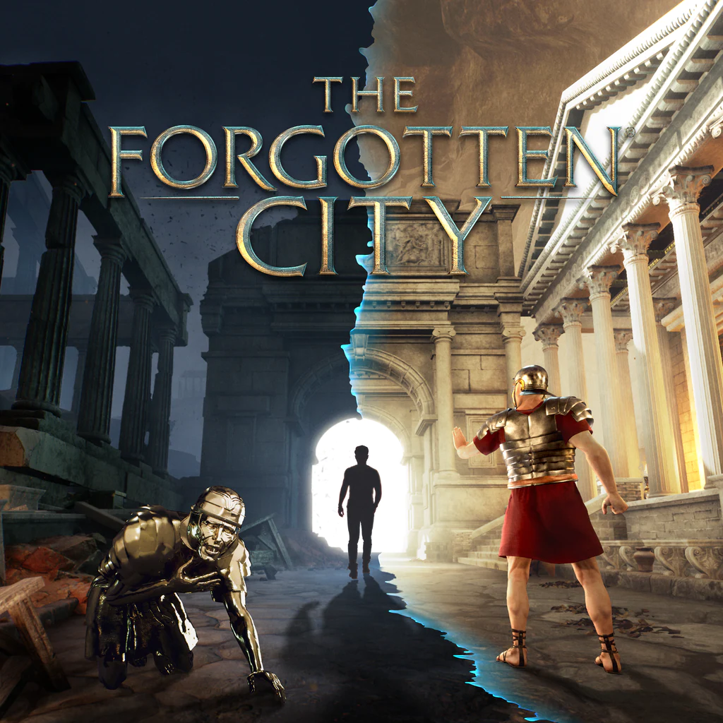 Main character walking towards a magical portal while one Roman soldier is turning to a golden statue and another one points at the main character.