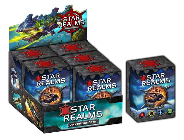 A set of boxes that read: Star Realms. The graphics include space and card art of a spaceship.