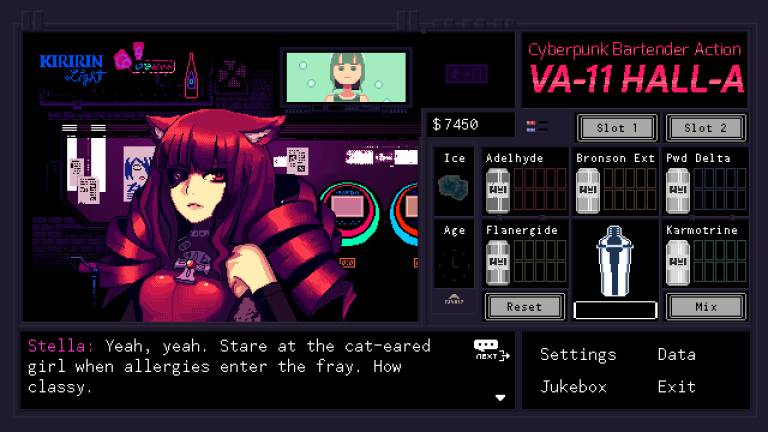 A cat-eared girl ordering a drink in a pixel-retro cyberpunk bar