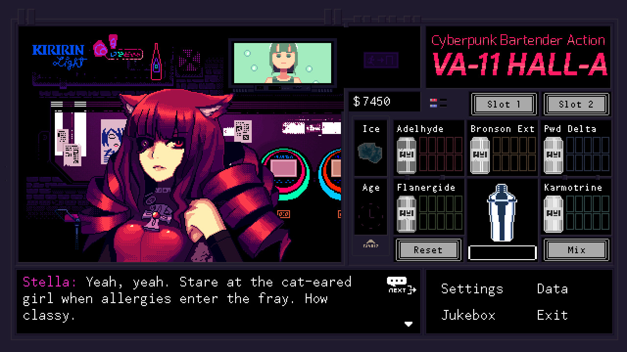 A cat-eared girl ordering a drink in a pixel-retro cyberpunk bar