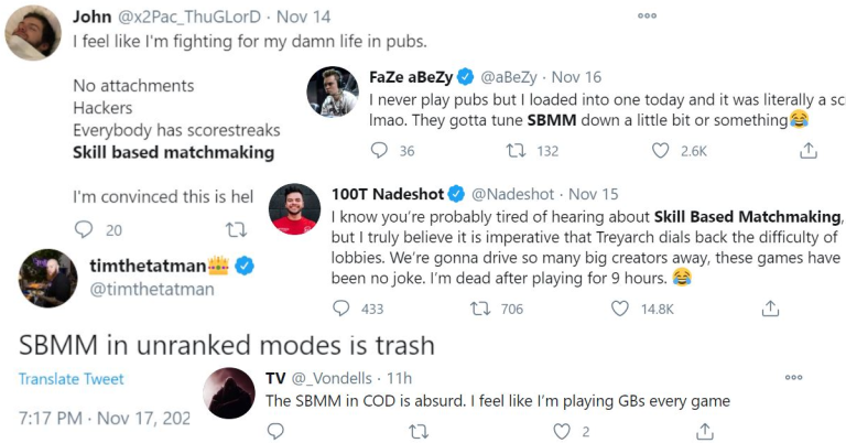 Collage of tweets about SBMM