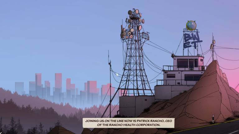 Cartoon drawing of a radio station on a hill at dusk. There's a big city in the distance.