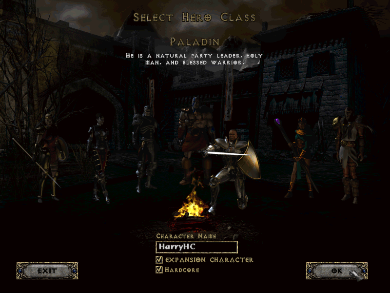 Select Hero Class: A hardcore Paladin is chosen and named HarryHC.