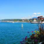 Lake Geneva and the Geneva landmark Jet d'Eau in downtown Geneva