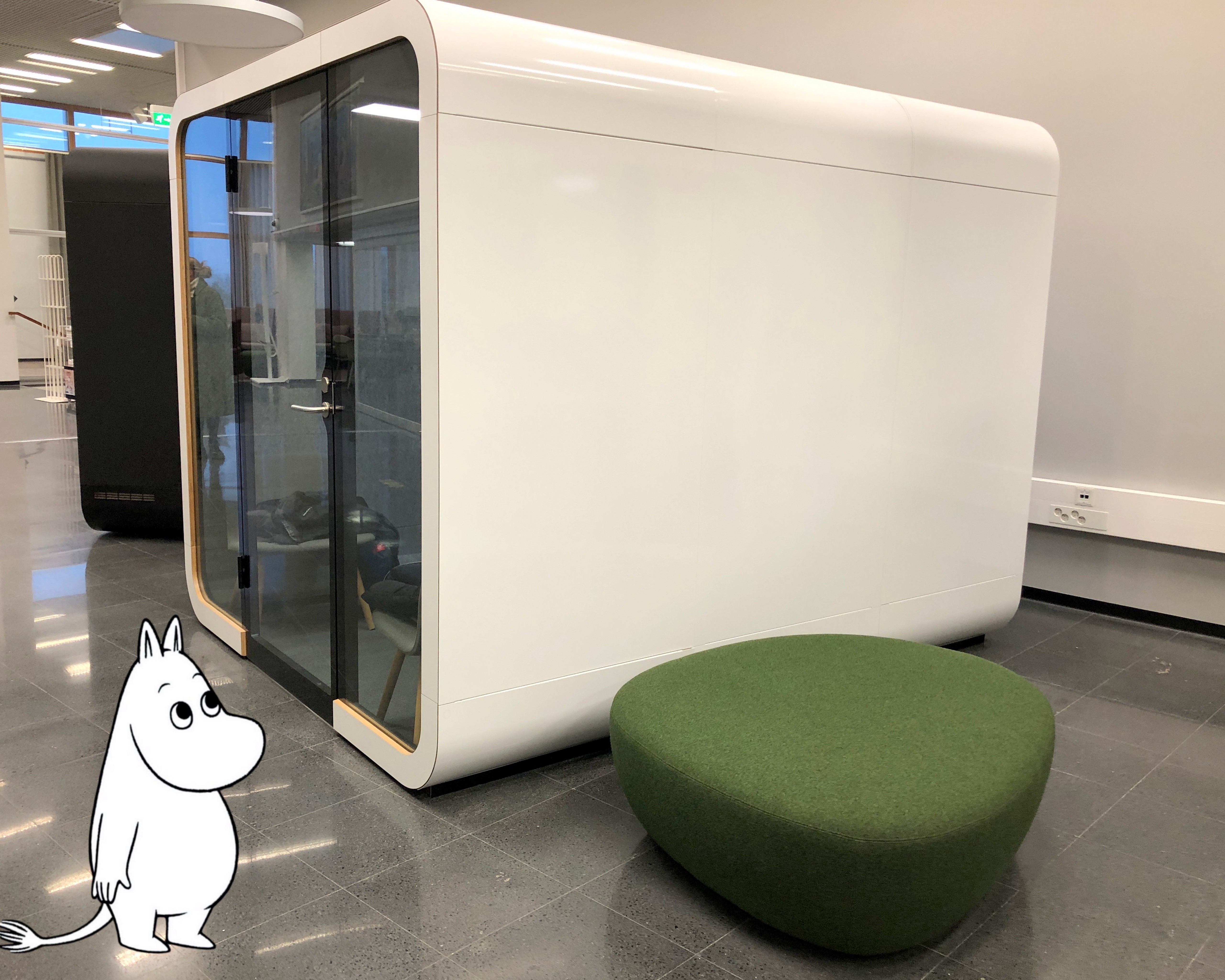 Moomintroll exploring the quiet working spaces on campus.