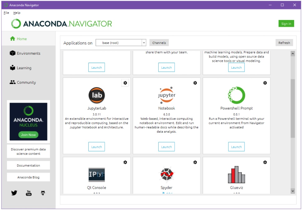 Anaconda Navigator –sovellusdialogi, joka sisältää perustyökalut Anaconda-ympäristöjen hallintaan ja eri komponenttien ylläpitoon (mm. näkymät Home, Environments, Learning ja Community). Palettimaisen käyttöliittymän avulla on erityisesti mahdollista käynnistää valittuun ympäristöön valmiiksi asennettuja työkalusovelluksia, kuten esimerkiksi JupyterLab tai Spyder.