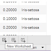 Tableau-dialogin alareunan välilehti-työpalkin nappuloita, New Worksheet –nappula korostettuna. Muita vastaavia nappuloita ovat mm. New Dashboard ja New Story.