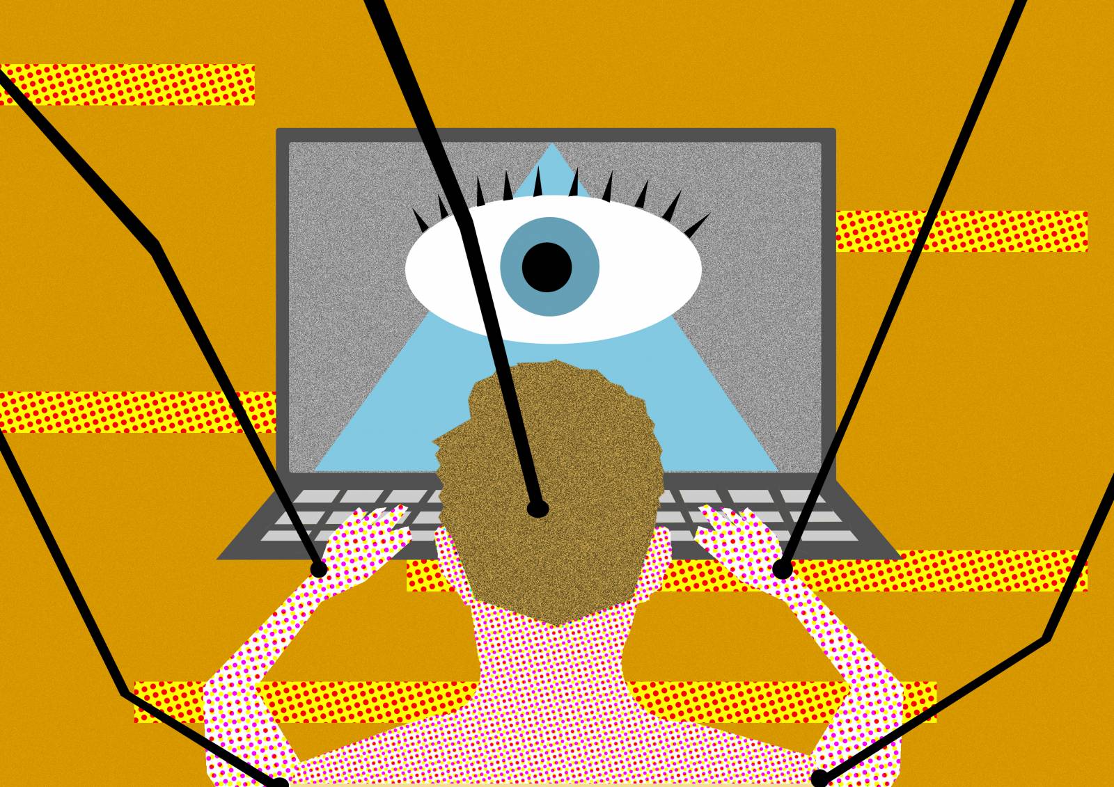 Piirroskuva, jossa henkilö on tietokoneen ruudun äärellä. Ruudulla näkyy yksi iso silmä.