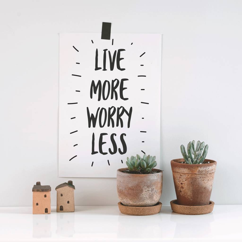 Inspirational quote "live more, worry less". Cactus in clay pots