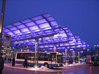 Nysse buses stationed at Keskustori, Tampere city centre at night