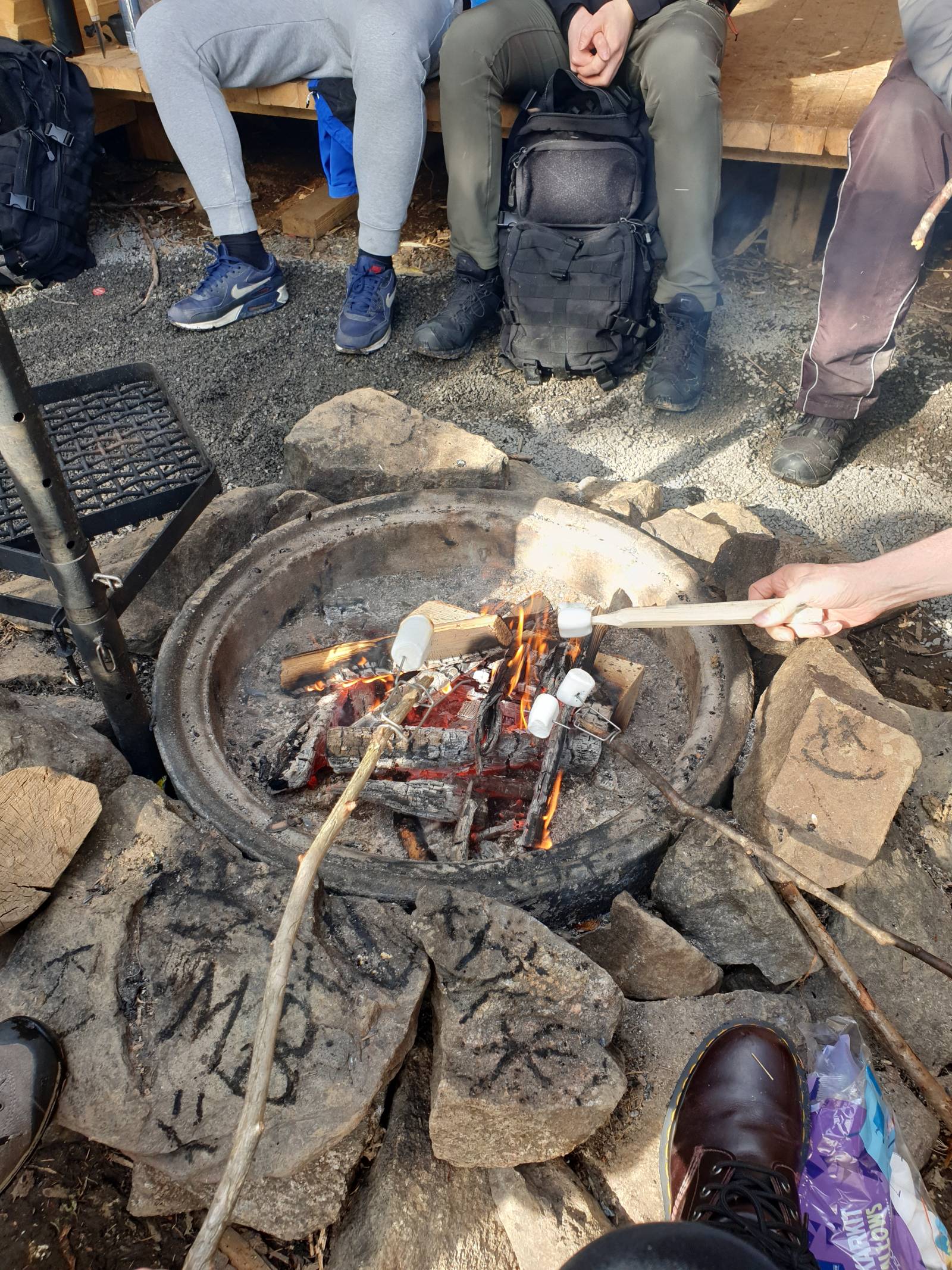 People holding marshmallows on a stick in a fire