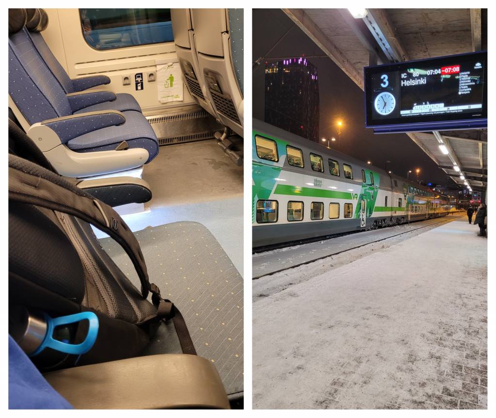 Photo collage, Left: train seats, Right: train station platform. 
