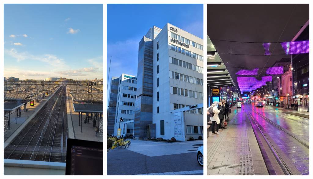 Photo collage, Left: Pasila train station, Middle: Office building, Right: Tampere tram stop..