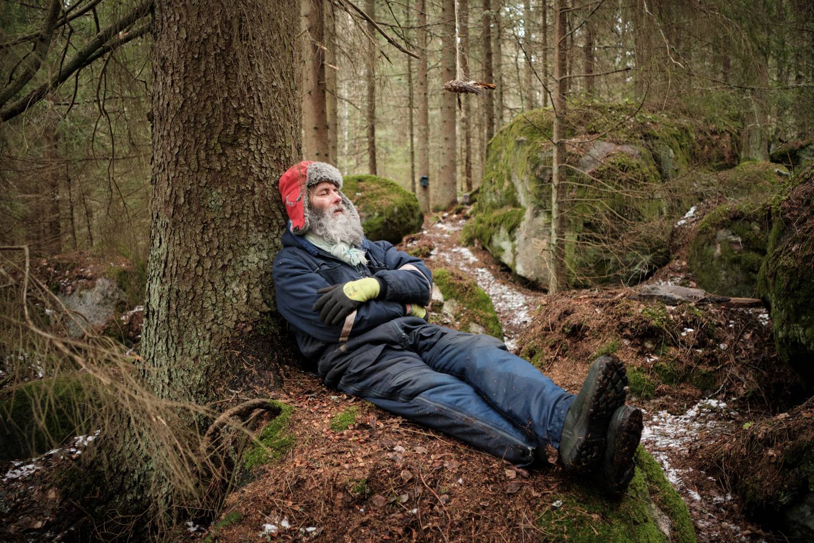Kuva: mies lepää sankassa metsässä istuen ja nojaten puun runkoon. Copyright: Alexander Lembke.