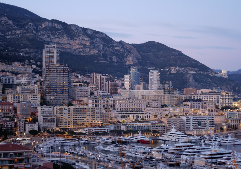 Urban lighting comes out to play in Monaco at twilight.