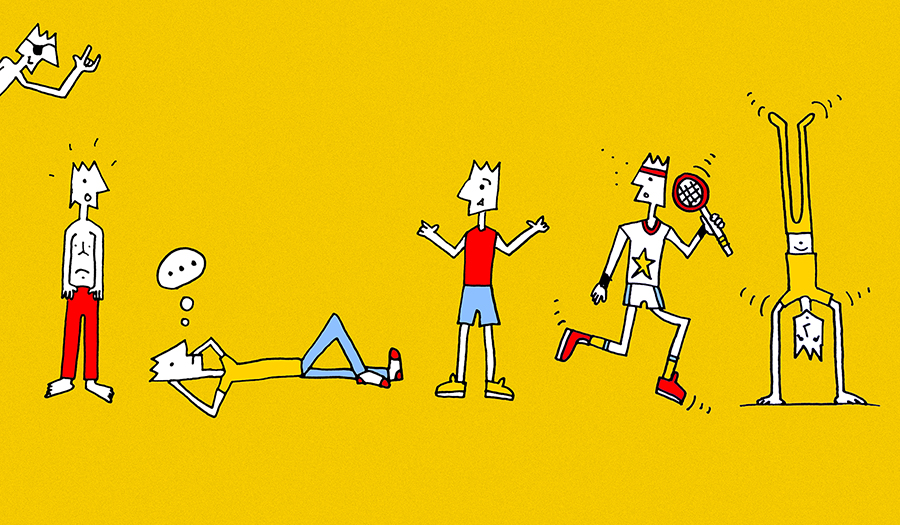 Drawn people figures standing, resting and doing sports activities.