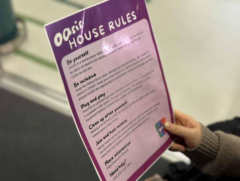 A OASIS House Rules flyer, in colour purple and pink. 