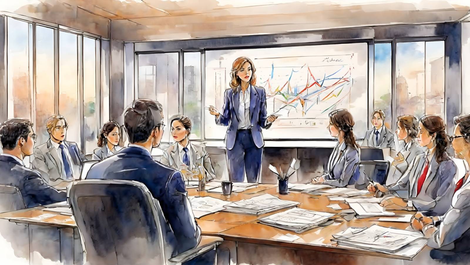 Piirretty kuva kokouksesta. Kuvassa nainen pitää esitelmää muulle tiimille, joka istuu pöydän ääressä kuuntelemassa.