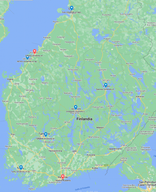 Karttakuva Etelä-Suomesta. LoLa-verkoston pisteet merkitty.