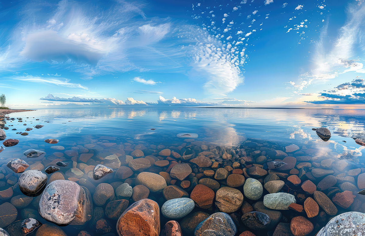 Järvimaisemassa rantakivia, vettä ja sininen taivas.