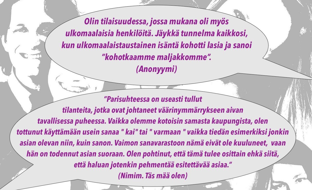 Kuvituskuva, puhekuplissa lyhyitä kielikokemuksia